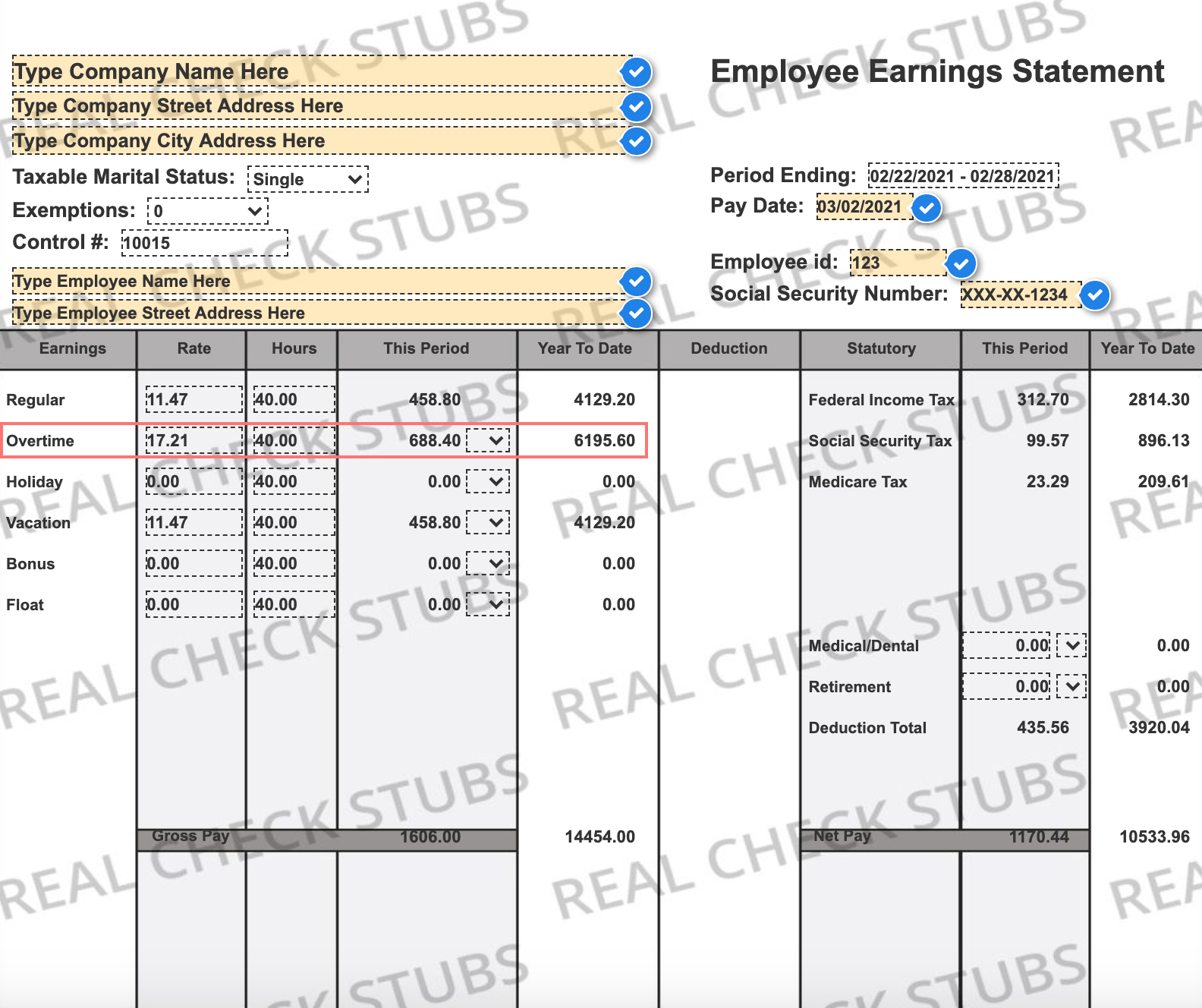 Advanced Pay Stub Template 2 with overtime